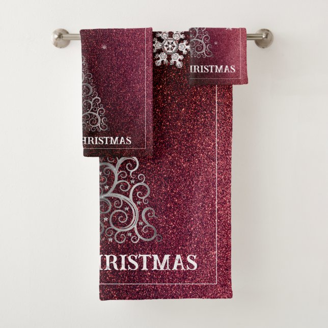 Weihnachtsbaum Glitzer und Schneeflocken | Rot Badhandtuch Set (Insitu)