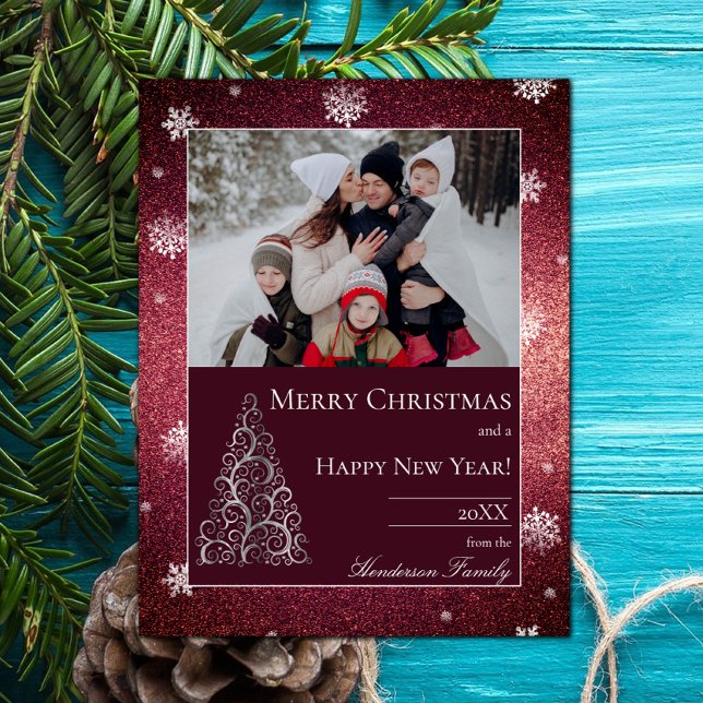 Weihnachtsbaum Glitzer und Schneeflocken | Rot Feiertagskarte (Christmas Tree Glitter and Snowflakes Holiday Photo Card - Red)