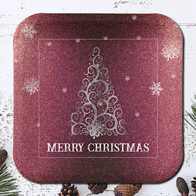 Weihnachtsbaum Glitzer und Schneeflocken | Rot Pappteller (Red Christmas Tree Glitter and Snowflakes Paper Plates)