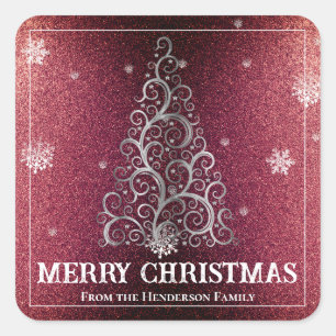 Weihnachtsbaum Glitzer und Schneeflocken Rot Quadratischer Aufkleber
