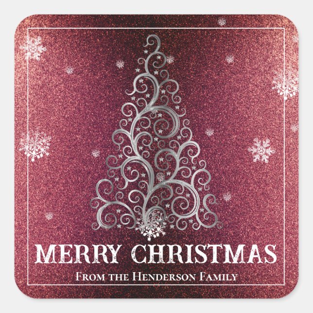 Weihnachtsbaum Glitzer und Schneeflocken | Rot Quadratischer Aufkleber (Vorderseite)