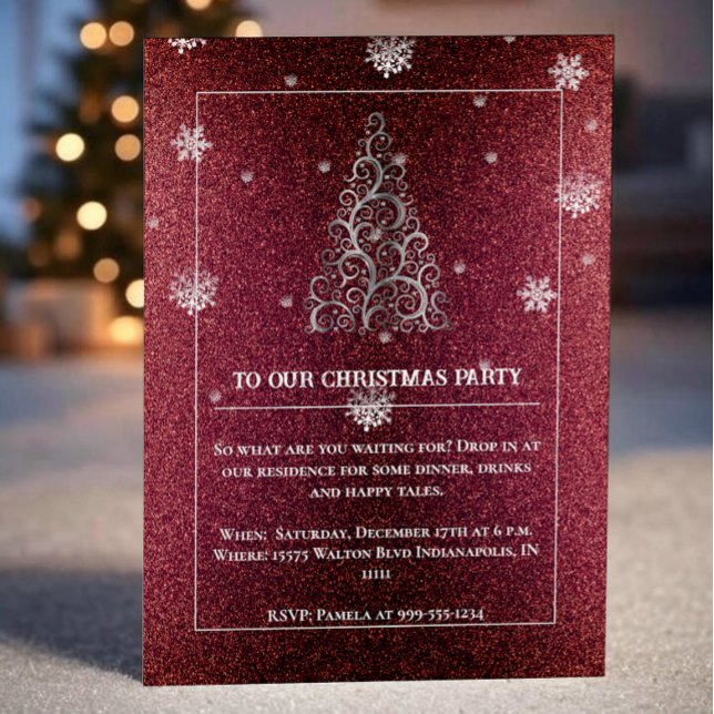 Weihnachtsbaum Glitzer und Schneeflocken | Rotes P Einladung (Red Christmas Tree Glitter and Snowflakes Party Invitation)