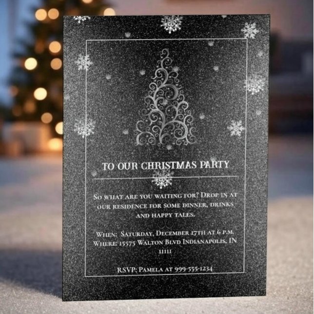 Weihnachtsbaum Glitzer und Schneeflocken | Silber Einladung (Silver Christmas Tree Glitter and Snowflakes Party Invitation)
