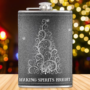 Weihnachtsbaum Glitzer und Schneeflocken Silber Flachmann