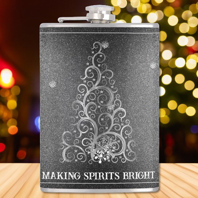 Weihnachtsbaum Glitzer und Schneeflocken | Silber Flachmann (Silver Christmas Tree Glitter and Snowflakes Flask)