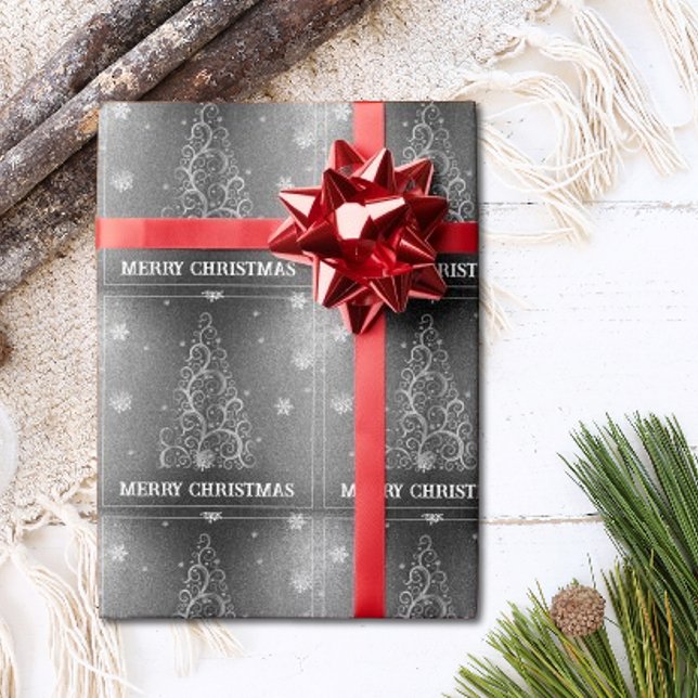 Weihnachtsbaum Glitzer und Schneeflocken | Silber Geschenkpapier (Silver Christmas Tree Glitter and Snowflakes Wrapping Paper)