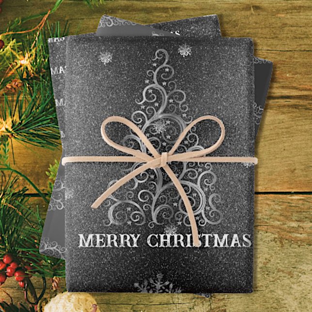 Weihnachtsbaum Glitzer und Schneeflocken | Silber Geschenkpapier Set (Von Creator hochgeladen)