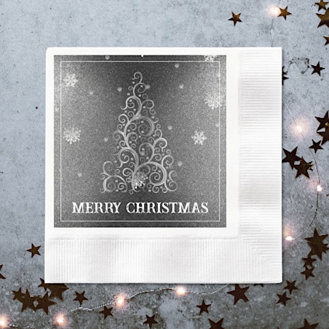 Weihnachtsbaum Glitzer und Schneeflocken | Silber Serviette (Silver Christmas Tree Glitter and Snowflakes Napkins)