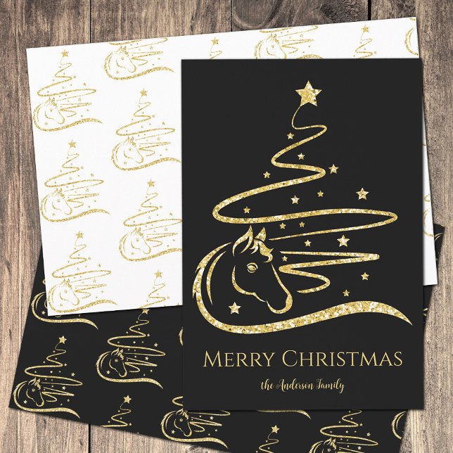 Weihnachtsbaum Gold Glitzer Reittiere Geschenkpapier Set (3 styles of gold glitter horse Christmas tree papers, one of them is personalized with your own text)