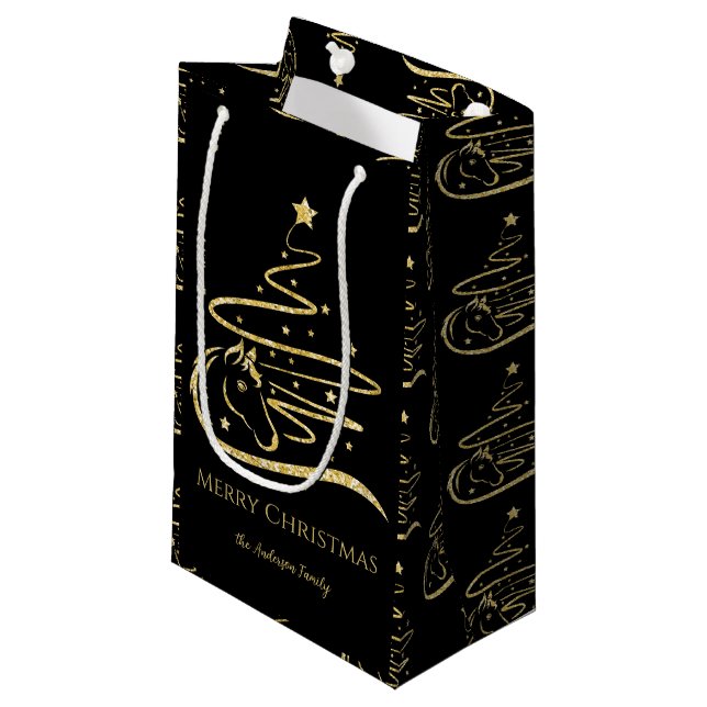 Weihnachtsbaum Gold Glitzer Reittiere Kleine Geschenktüte (Vorderseite Schrägansicht)
