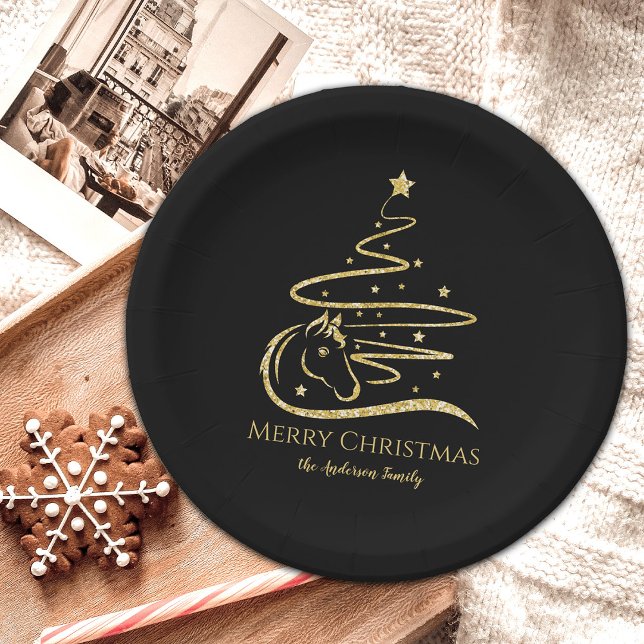 Weihnachtsbaum Gold Glitzer Reittiere Pappteller (Gold glitter horse Christmas tree paper plates with personalized text)