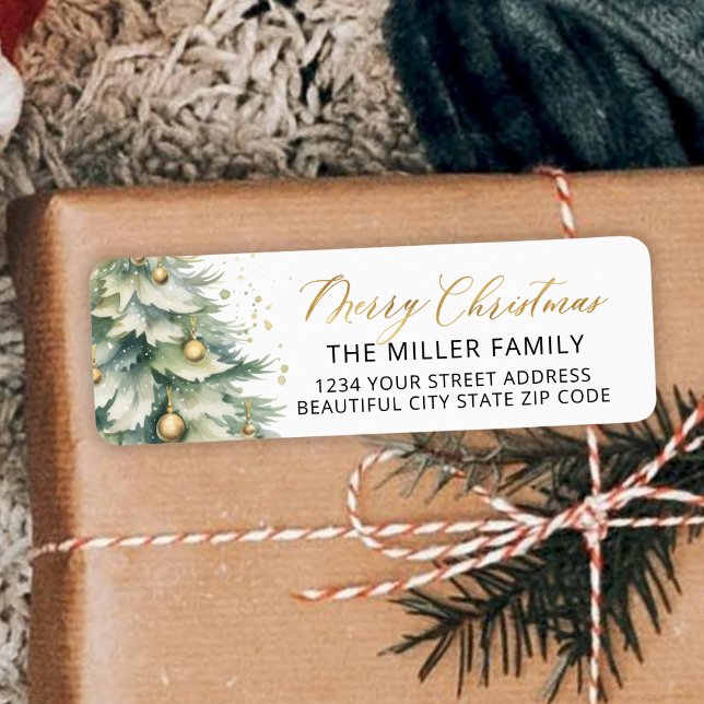 Weihnachtsbaum Gold Script Rücksendeadresse Label (Von Creator hochgeladen)