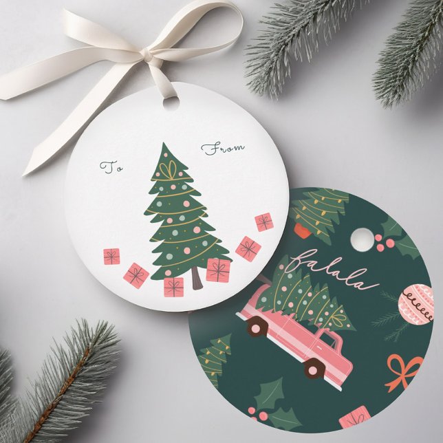 Weihnachtsbaum Green Vintag Retro Van Geschenkanhänger (Festive Christmas Tree Green Vintage Retro Van Favor Tags)
