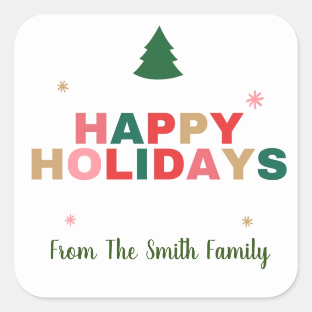 Weihnachtsbaum Happy Holidays Geschenketikett Quadratischer Aufkleber (Vorderseite)