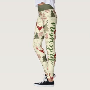 Weihnachtsbaum Hirsch Grün rotes Muster Name Festi Leggings