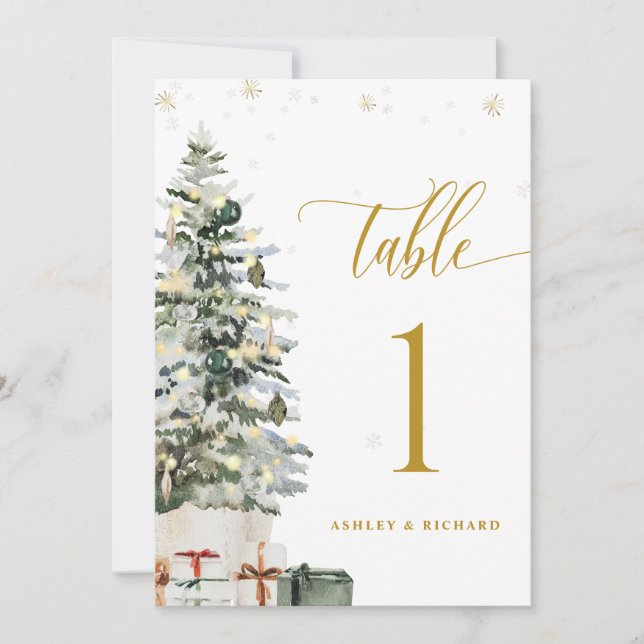 Weihnachtsbaum-Hochzeitstisch-Nummernkarte (Vorderseite)