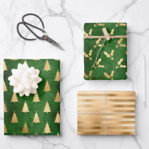 Weihnachtsbaum Holly Patterns Green Gold Geschenkpapier Set
