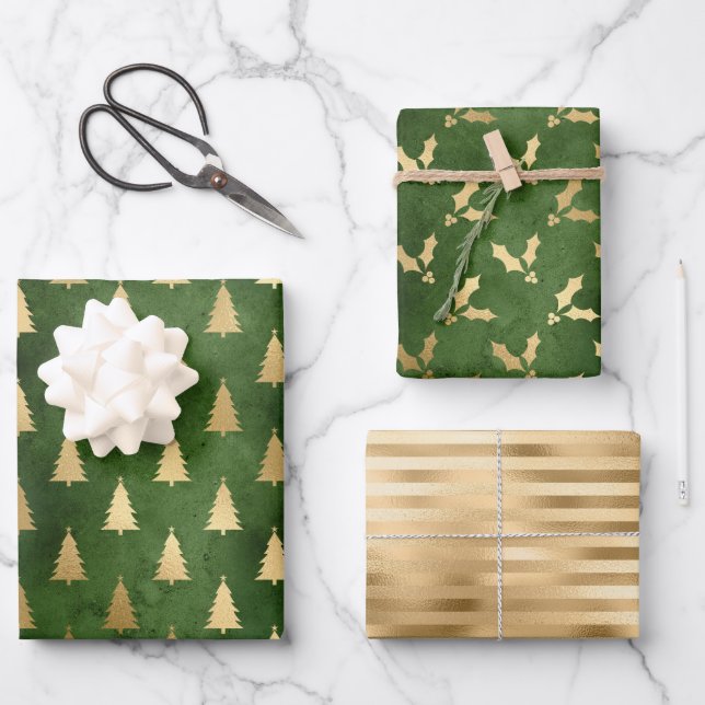 Weihnachtsbaum Holly Patterns Green Gold Geschenkpapier Set (Vorderseite)