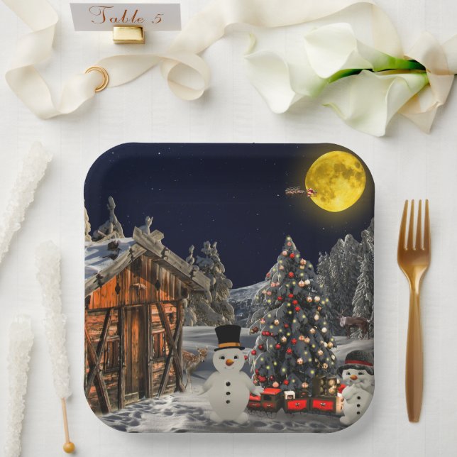 Weihnachtsbaum Holz Hütte Schneemann Vollmond Pappteller (Hochzeit)