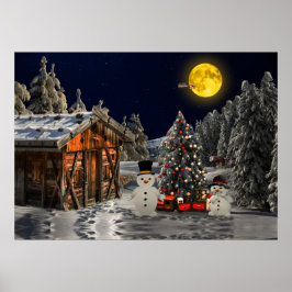 Weihnachtsbaum Holz Hütte Schneemann Vollmond Poster