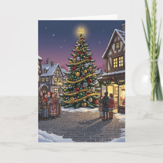 Weihnachtsbaum im Dorf und Weihnachtssänger Feiertagskarte