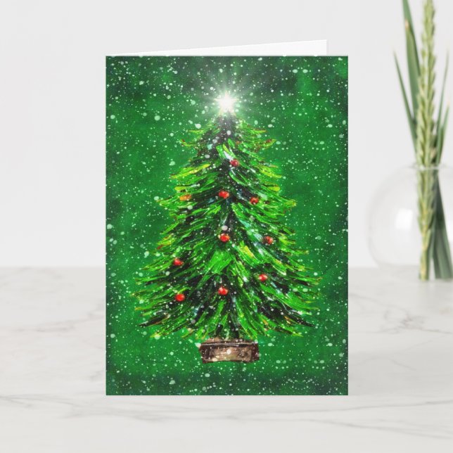 Weihnachtsbaum im Schnee - Grüner Hintergrund Dankeskarte (Vorderseite)