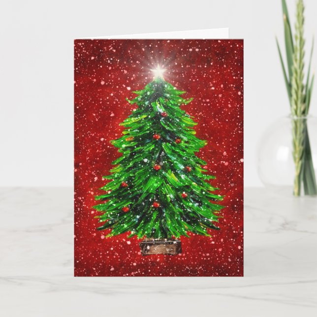 Weihnachtsbaum im Schnee - Roter Hintergrund Dankeskarte (Vorderseite)