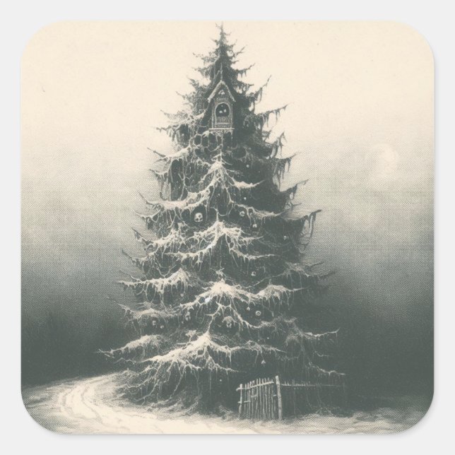 Weihnachtsbaum im Schnee und Intaglio Quadratischer Aufkleber (Vorderseite)