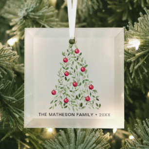 Weihnachtsbaum in Aquarellblättern Personalisiert Ornament Aus Glas