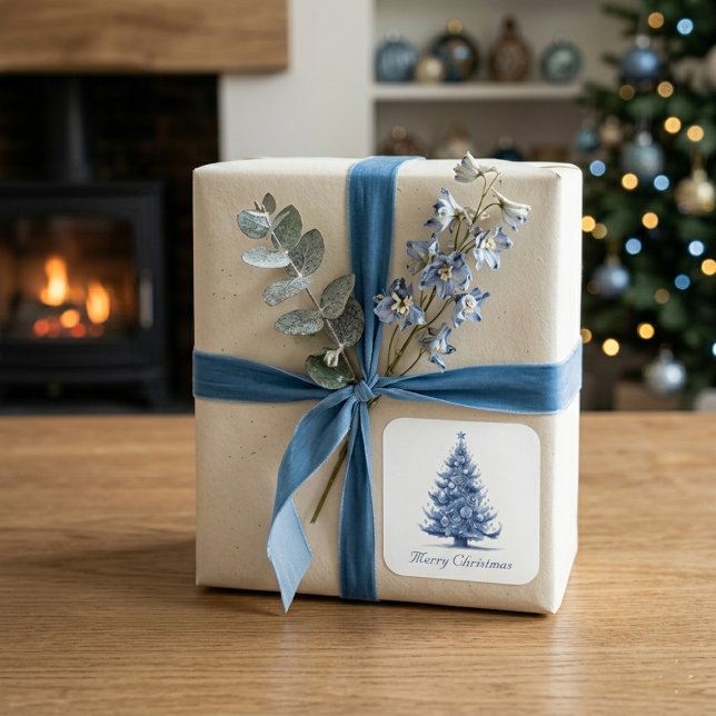 Weihnachtsbaum in Delft Blue anpassbar Quadratischer Aufkleber (Von Creator hochgeladen)