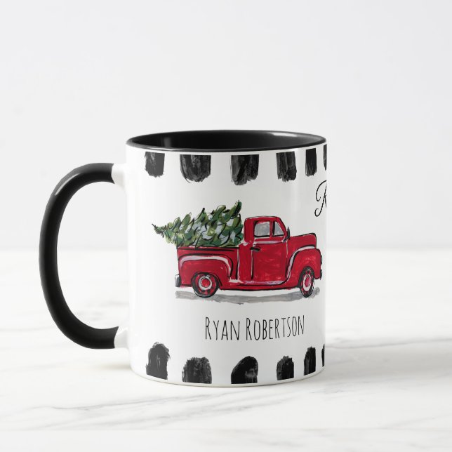 Weihnachtsbaum in Vintager Red Truck Custom Tasse (Links)