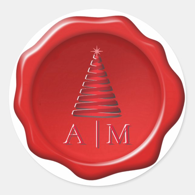 Weihnachtsbaum & Initialen auf Red Wax Siegel Stic Runder Aufkleber (Vorderseite)