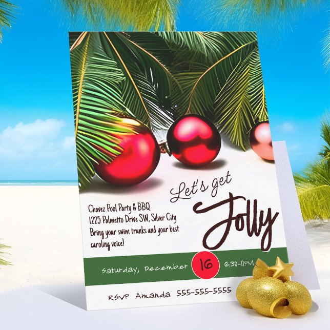 Weihnachtsbaum Jolly Rote Ornamente Tropisch Einladung (Jolly tropical Christmas palm tree party invitation)
