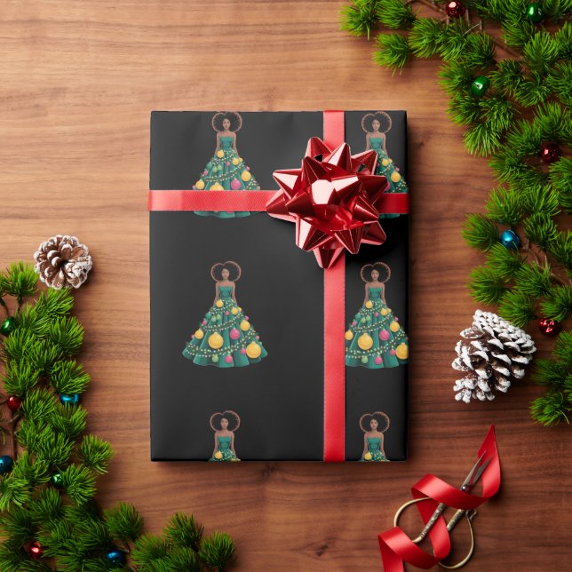 Weihnachtsbaum Kleid Xmas Lichter Afro Frau Geschenkpapier (Feiertagsgeschenk)