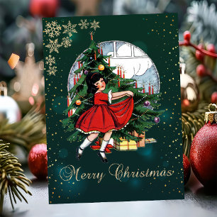 Weihnachtsbaum, kleine Girl-Schneeflocken Feiertagskarte