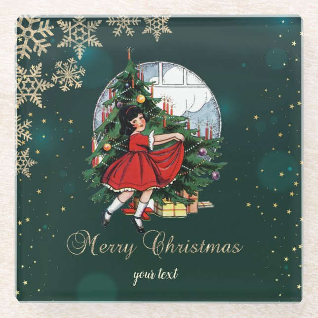 Weihnachtsbaum, kleine Girl-Schneeflocken Glasuntersetzer (Vorderseite)