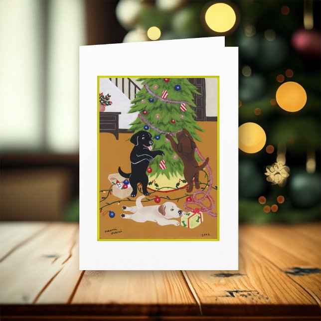 Weihnachtsbaum Labradors Feiertagskarte (Christmas Tree Labradors Design Christmas Cards for Labrador Owners.  Whimsical Labrador Art.)
