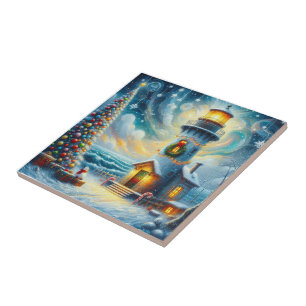 Weihnachtsbaum Leuchtturm Nautical Coastal Blue Fliese