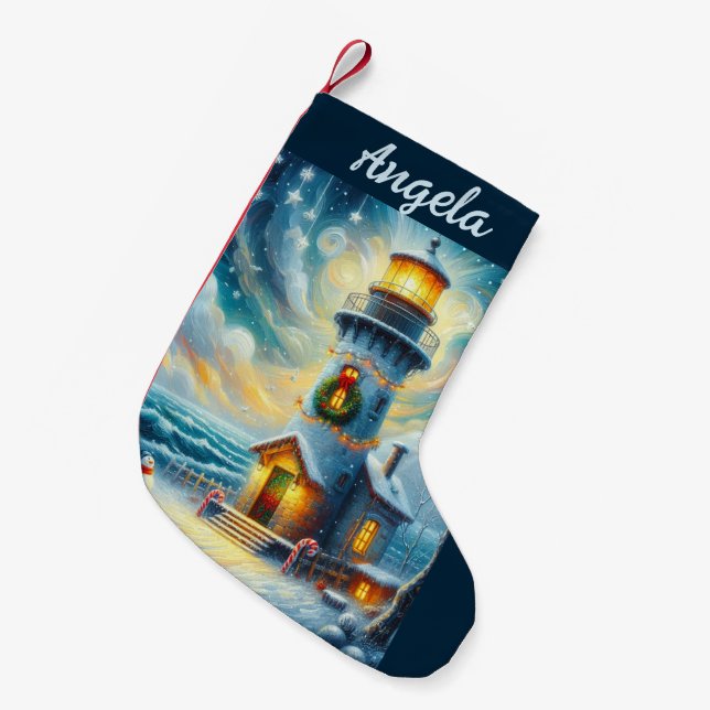 Weihnachtsbaum Leuchtturm Nautical Coastal Blue Kleiner Weihnachtsstrumpf (Vorderansicht (hängend))