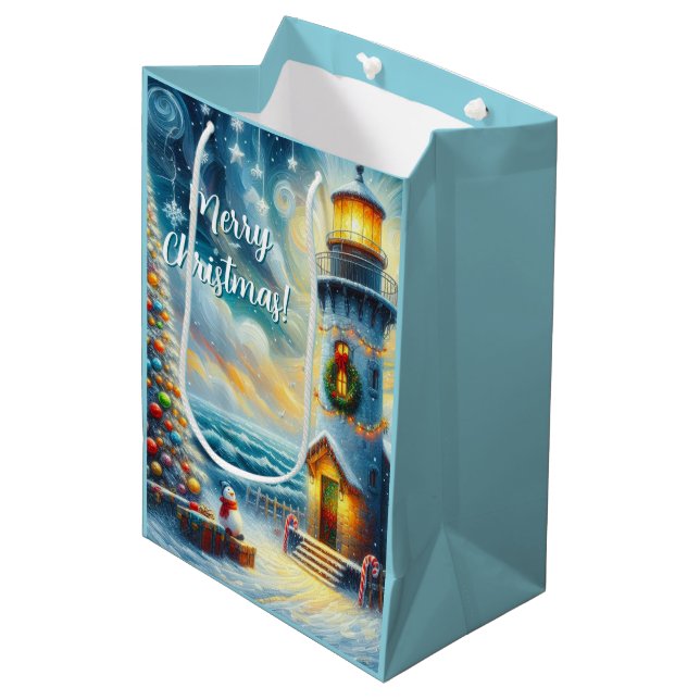 Weihnachtsbaum Leuchtturm Nautical Coastal Blue Mittlere Geschenktüte (Vorderseite Schrägansicht)