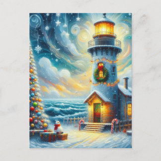 Weihnachtsbaum Leuchtturm Nautical Coastal Blue Postkarte