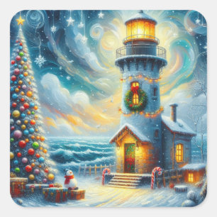Weihnachtsbaum Leuchtturm Nautical Coastal Blue Quadratischer Aufkleber