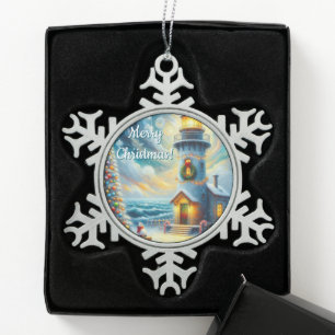 Weihnachtsbaum Leuchtturm Nautical Coastal Blue Schneeflocken Zinn-Ornament