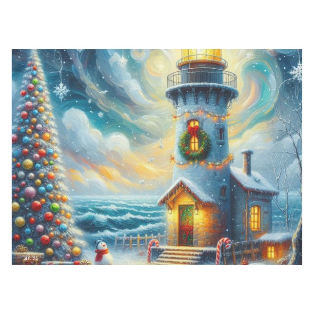 Weihnachtsbaum Leuchtturm Nautical Coastal Blue Tischdecke (Vorderseite (Horizontal))