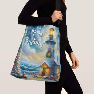 Weihnachtsbaum Leuchtturm Nautical Coastal Blue Tragetaschen Mit Langen Trägern