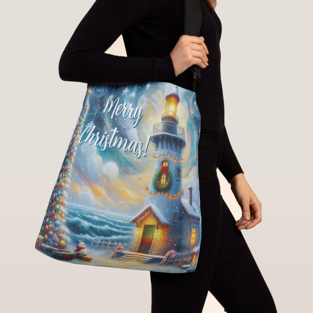 Weihnachtsbaum Leuchtturm Nautical Coastal Blue Tragetaschen Mit Langen Trägern (Von Nahem)