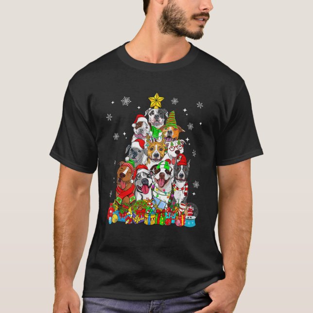 Weihnachtsbaum Lichter Pitbull Hund Lover Xmas Paj T-Shirt (Vorderseite)