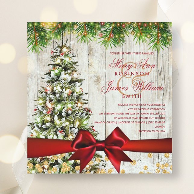 Weihnachtsbaum, Lichter & Rotes Band Einladung (Christmas Wedding Tree, Lights & Red Ribbon Invitation)