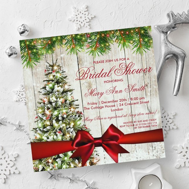 Weihnachtsbaum, Lichter & Rotes Brautparty Einladung (Christmas Bridal Shower Tree, Lights & Red Ribbon Invitation)