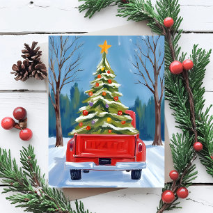 Weihnachtsbaum-Lieferung Rotes Lastwagen Aquarell Feiertagskarte
